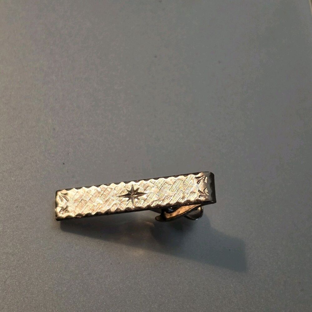 Vintage Silver Tone Tie Clip Bar Slide Engine Turned Etched Star Burst Accent